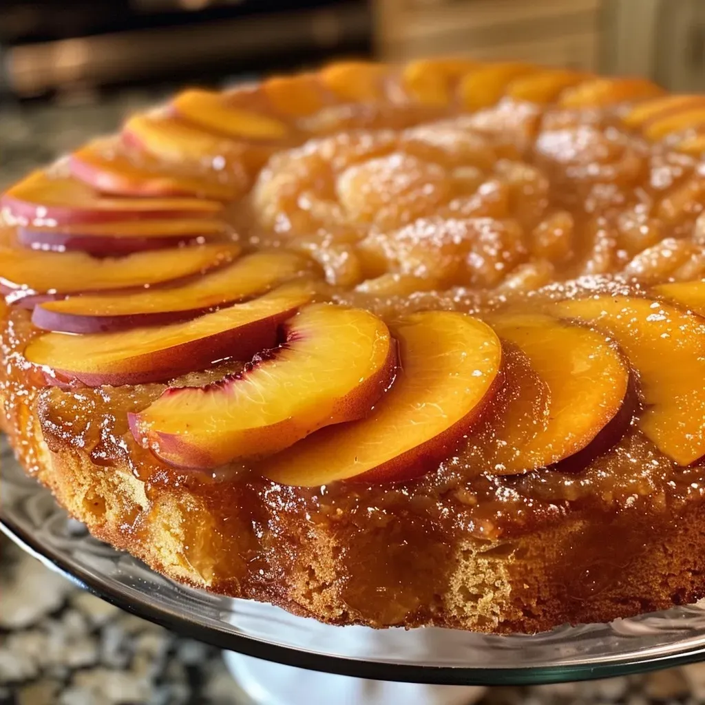 Delicious Peach & Vanilla Upside Down Cake sliced, revealing moist interior and caramelized peaches.