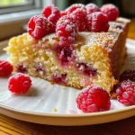 Close-up side view of a moist Raspberry Lemon Cake with fresh raspberries on top.