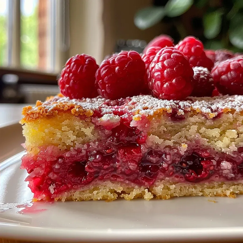 Side view of a layered Raspberry Lemon Cake, showcasing its rich texture and vibrant pink color.