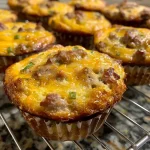 A close-up view of golden-brown Sausage Breakfast Muffins, highlighting their juicy texture and flaky top.