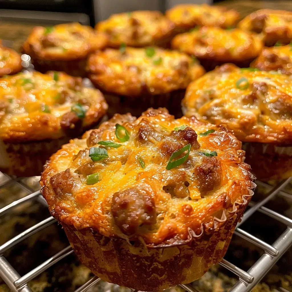 Side view of freshly baked Sausage Breakfast Muffins with visible sausage pieces and cheese.