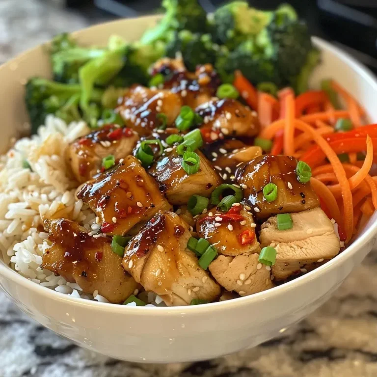 Whisking Together Love: Spicy Honey Ginger Chicken Bowls with Yum Yum Sauce Close-up view of a Spicy Honey Ginger Chicken Bowl with vibrant vegetables and a creamy sauce.