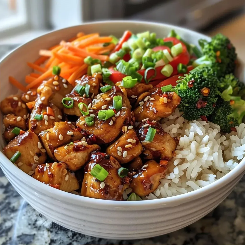 Side angle of a bowl featuring Spicy Honey Ginger Chicken, broccoli, and colorful peppers, topped with green onions.