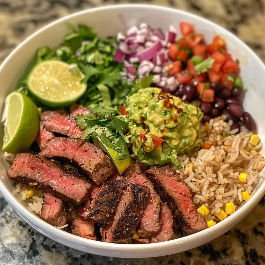 Side view of a colorful steak burrito bowl with layers of rice, steak, lettuce, and garnishes.
