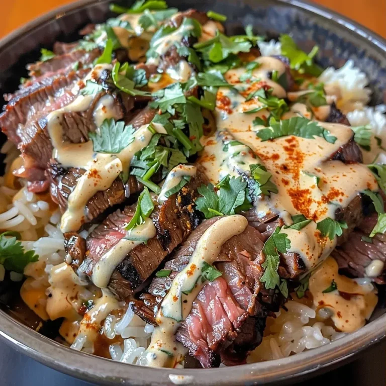 The Savory Bowl That Unites Family Around the Table Close-up view of a steak queso rice bowl topped with fresh cilantro.