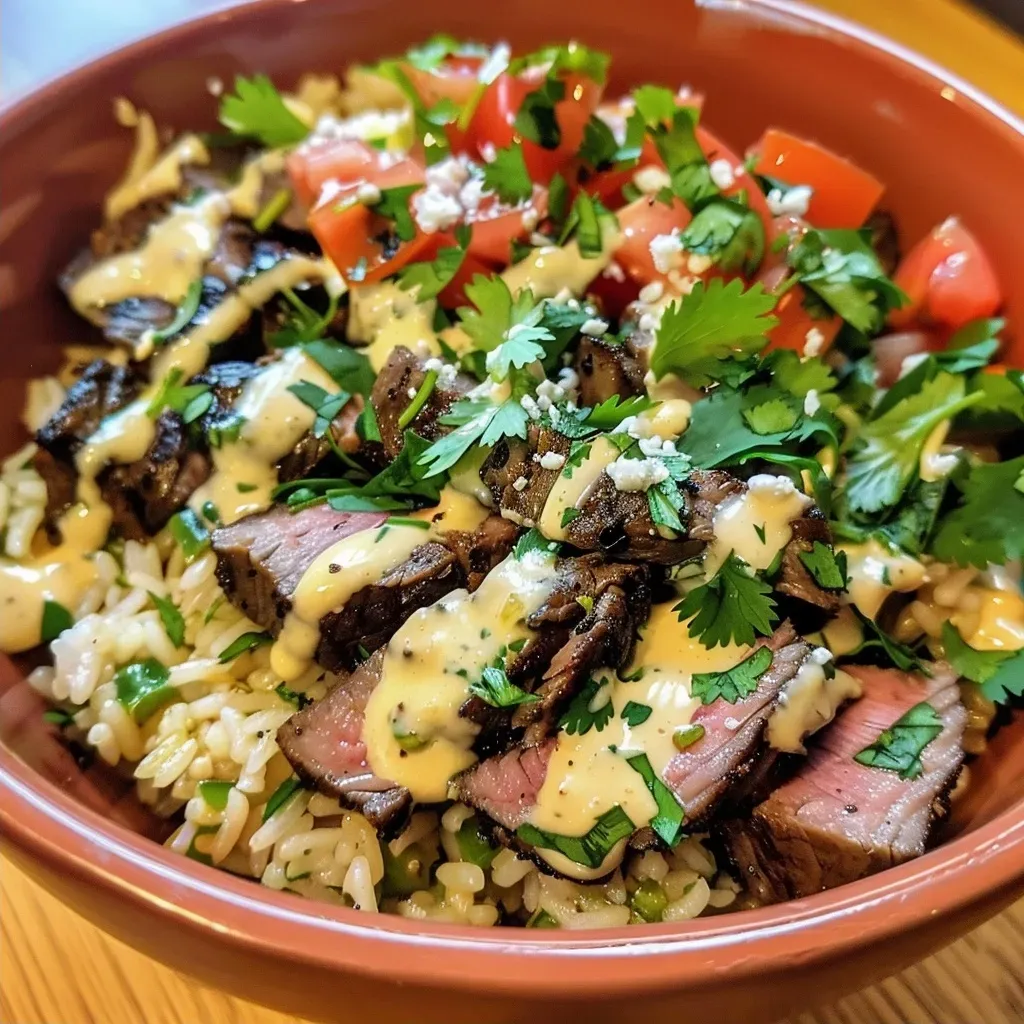 Side angle of a juicy steak queso rice bowl with creamy cheese sauce.