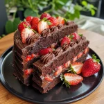 A close-up side view of a luscious Strawberry Chocolate Cake, showcasing layers of chocolate and fresh strawberries.
