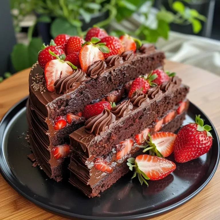 A Slice of Love: The Strawberry Chocolate Cake That Brings Us Together A close-up side view of a luscious Strawberry Chocolate Cake, showcasing layers of chocolate and fresh strawberries.