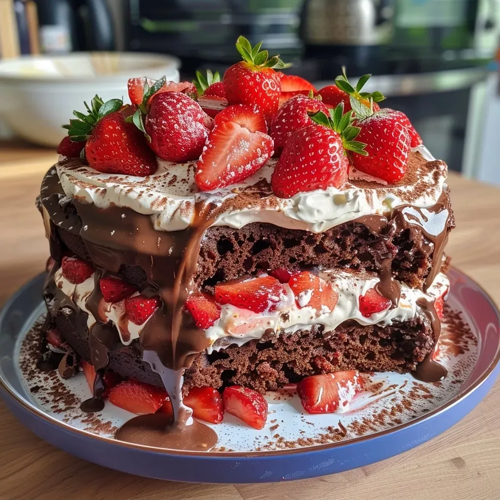A vivid image of a decadent Strawberry Chocolate Cake, highlighted by juicy strawberries and a rich chocolate frosting.