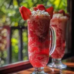 A vibrant strawberry coconut mocktail in a glass, showcasing fresh fruit and coconut flakes.
