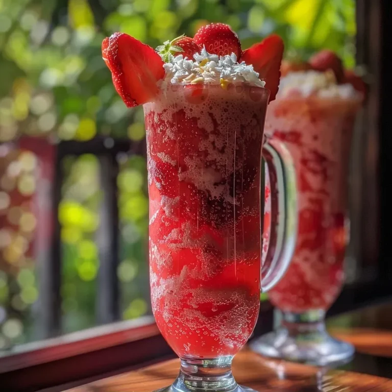 A Refreshing Toast to Summer: The Strawberry Coconut Mocktail A vibrant strawberry coconut mocktail in a glass, showcasing fresh fruit and coconut flakes.
