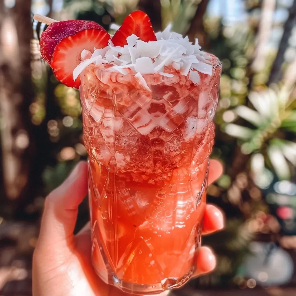 A close-up view of a refreshing strawberry coconut drink garnished with strawberry slices.