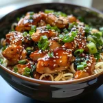 Close-up view of Teriyaki Chicken Noodle Bowls showcasing juicy chicken, noodles, and garnishes.