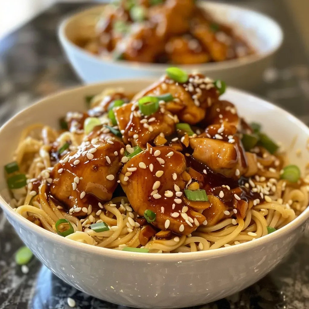 Side view image of a delicious bowl of Teriyaki Chicken Noodles filled with chicken, vegetables, and sesame seeds.