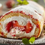 A close-up side view of a strawberry roulade with visible layers of strawberries and cream.