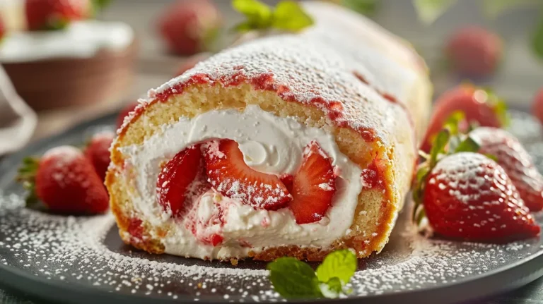 A close-up side view of a strawberry roulade with visible layers of strawberries and cream.