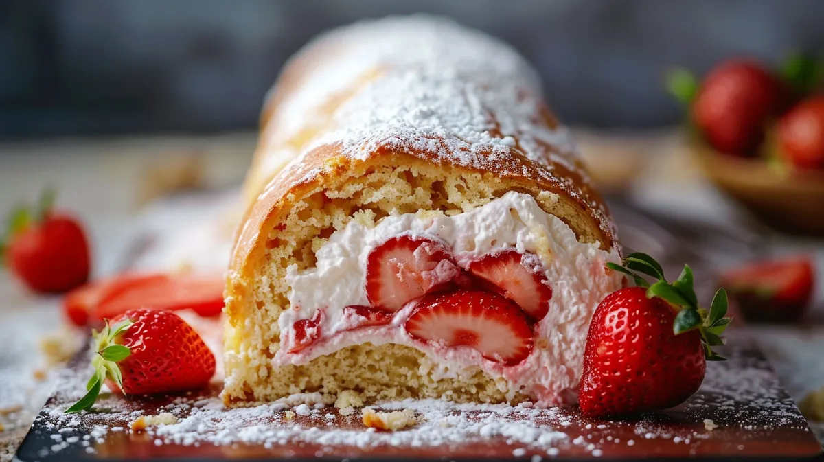 Juicy strawberry roulade displayed from the side, showcasing its delicate sponge and filling.