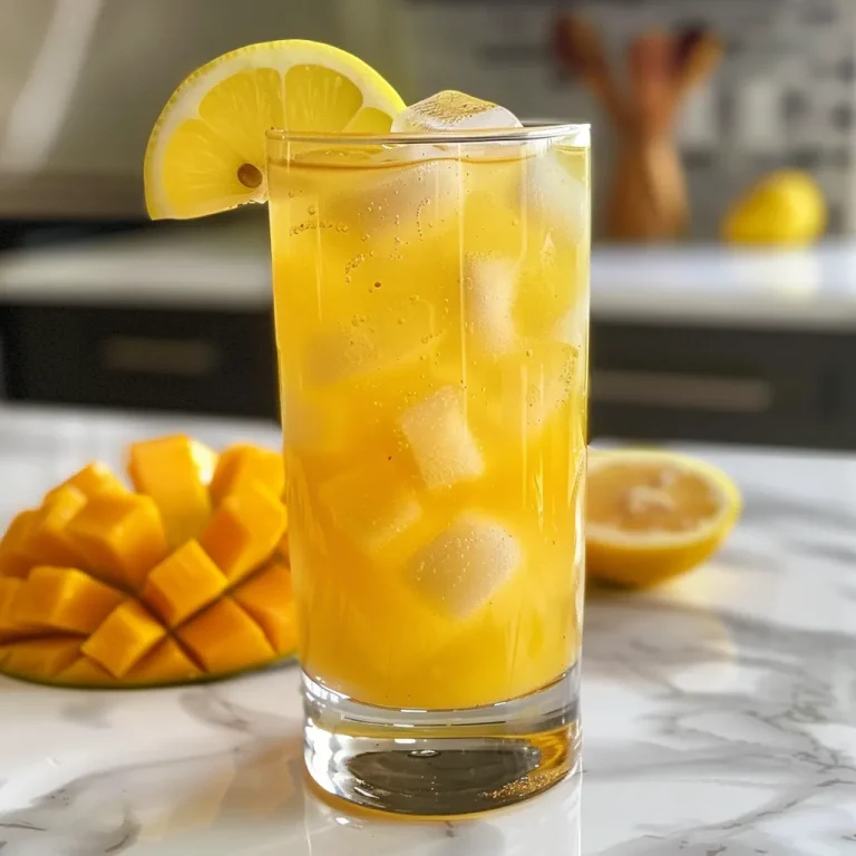 Sipping Sunshine: A Mango Lemonade That Brightens Every Gathering Side view of a refreshing glass of Mango Lemonade with ice and a slice of lemon.