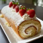 Close-up of a vanilla Swiss roll cake with cream and strawberries.