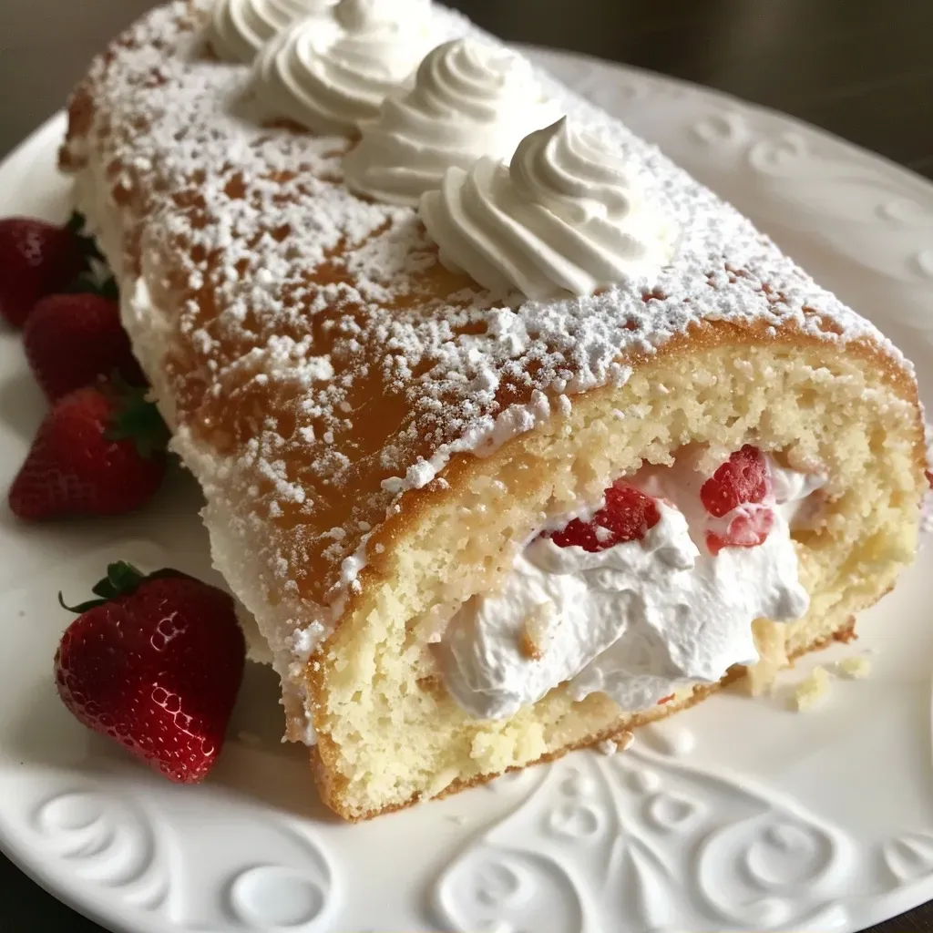 Side view of a sliced vanilla Swiss roll showcasing layers of sponge and filling.