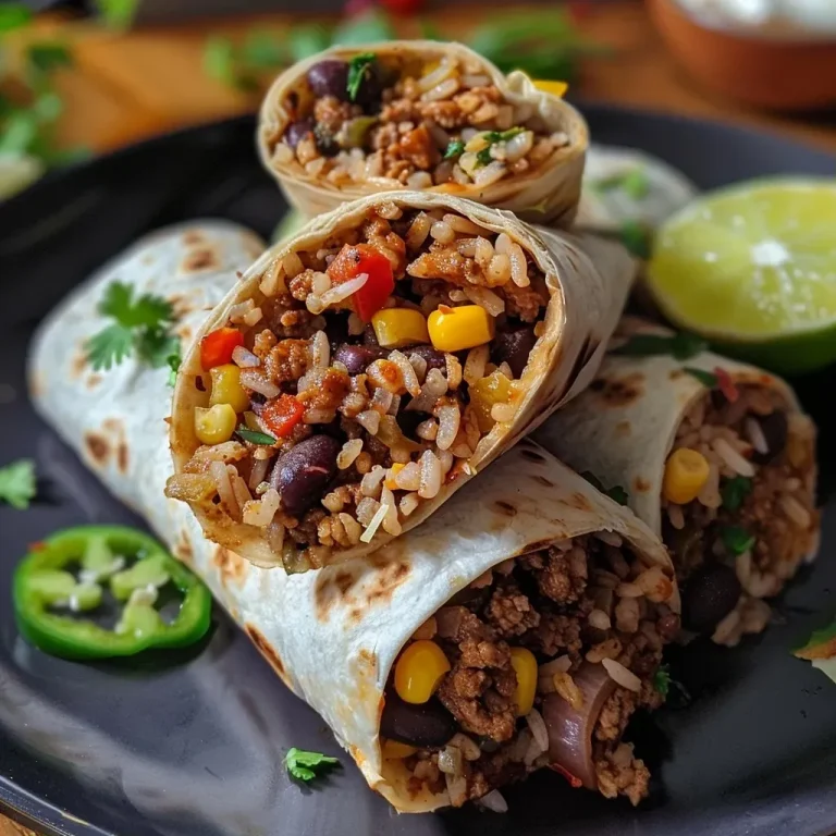 ['Juicy beef and rice burritos wrapped in flour tortillas, garnished with lime wedges.', 'Close-up view of hearty burritos filled with ground beef, rice, and colorful vegetables.', 'Delicious burritos showcasing layers of beef, black beans, and cheese, served with sour cream.', 'Mouthwatering beef burritos with vibrant fresh ingredients, perfect for a family meal.']