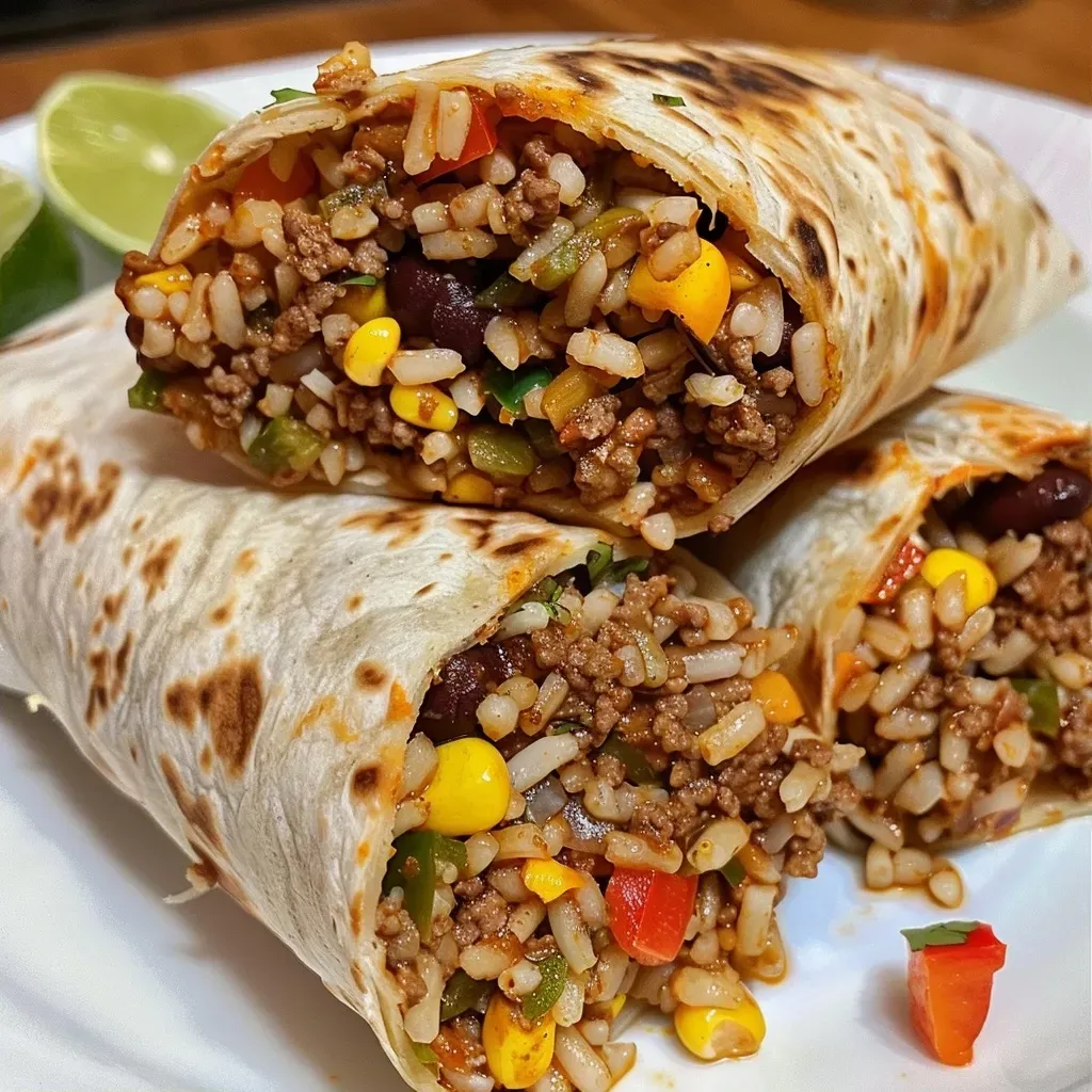 ['Juicy beef and rice burritos wrapped in flour tortillas, garnished with lime wedges.', 'Close-up view of hearty burritos filled with ground beef, rice, and colorful vegetables.', 'Delicious burritos showcasing layers of beef, black beans, and cheese, served with sour cream.', 'Mouthwatering beef burritos with vibrant fresh ingredients, perfect for a family meal.']