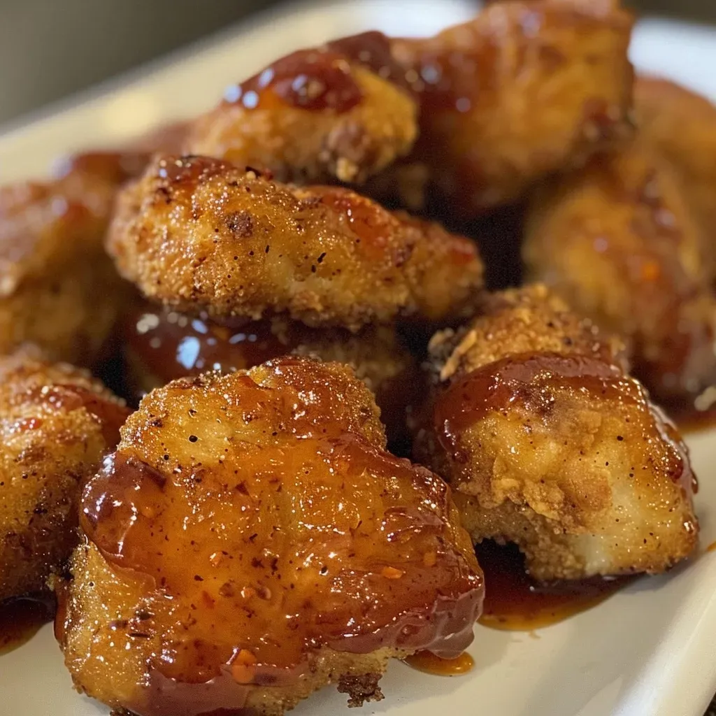 Close-up view of juicy Air Fryer Barbecue Chicken Nuggets on a plate.