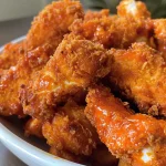 ['A close-up view of crispy Air Fryer Buffalo Chicken pieces drizzled with sauce.', 'Juicy chunks of Air Fryer Buffalo Chicken arranged on a plate with a vibrant sauce.', 'Side view of golden-brown Air Fryer Buffalo Chicken garnished with fresh herbs.', 'Delicious Air Fryer Buffalo Chicken pieces with a rich buffalo sauce coating.']