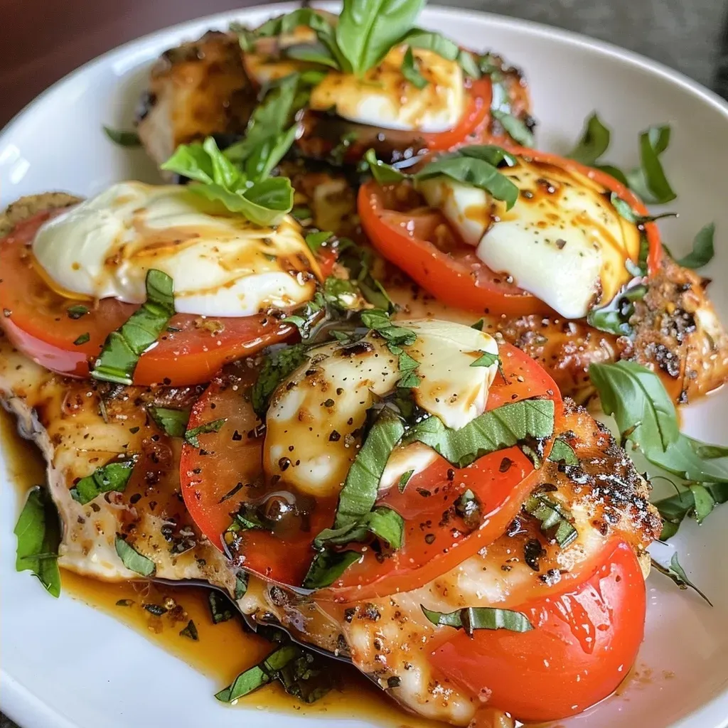 ['Juicy Air Fryer Caprese Chicken with melted mozzarella and fresh basil.', 'Deliciously plated Air Fryer chicken breasts topped with tomatoes and mozzarella.', 'Close-up view of Air Fryer Caprese Chicken garnished with balsamic drizzle.', 'Side view of succulent Caprese Chicken with fresh basil and vibrant colors.']