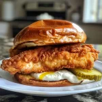 ['Juicy Air Fryer Chicken Sandwich on a plate, garnished with pickle slices.', 'Close-up view of a crispy chicken breast sandwich in a brioche bun.', 'Air Fryer Chicken Sandwich with golden-brown breading, surrounded by condiments.', 'Side view of a mouth-watering chicken sandwich topped with dill pickles.']
