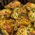 ['Close-up view of juicy Air Fryer Honey Dijon Chicken Breasts on a plate.', 'Side view of cooked chicken breasts glazed with honey Dijon sauce.', 'Tender chicken breasts drizzled with honey Dijon dressing and herbs.', 'Sliced Air Fryer chicken breasts showing a golden glaze and juicy texture.']