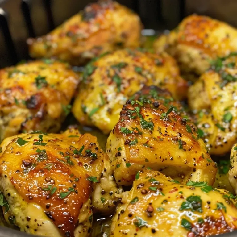 ['Close-up view of juicy Air Fryer Honey Dijon Chicken Breasts on a plate.', 'Side view of cooked chicken breasts glazed with honey Dijon sauce.', 'Tender chicken breasts drizzled with honey Dijon dressing and herbs.', 'Sliced Air Fryer chicken breasts showing a golden glaze and juicy texture.']