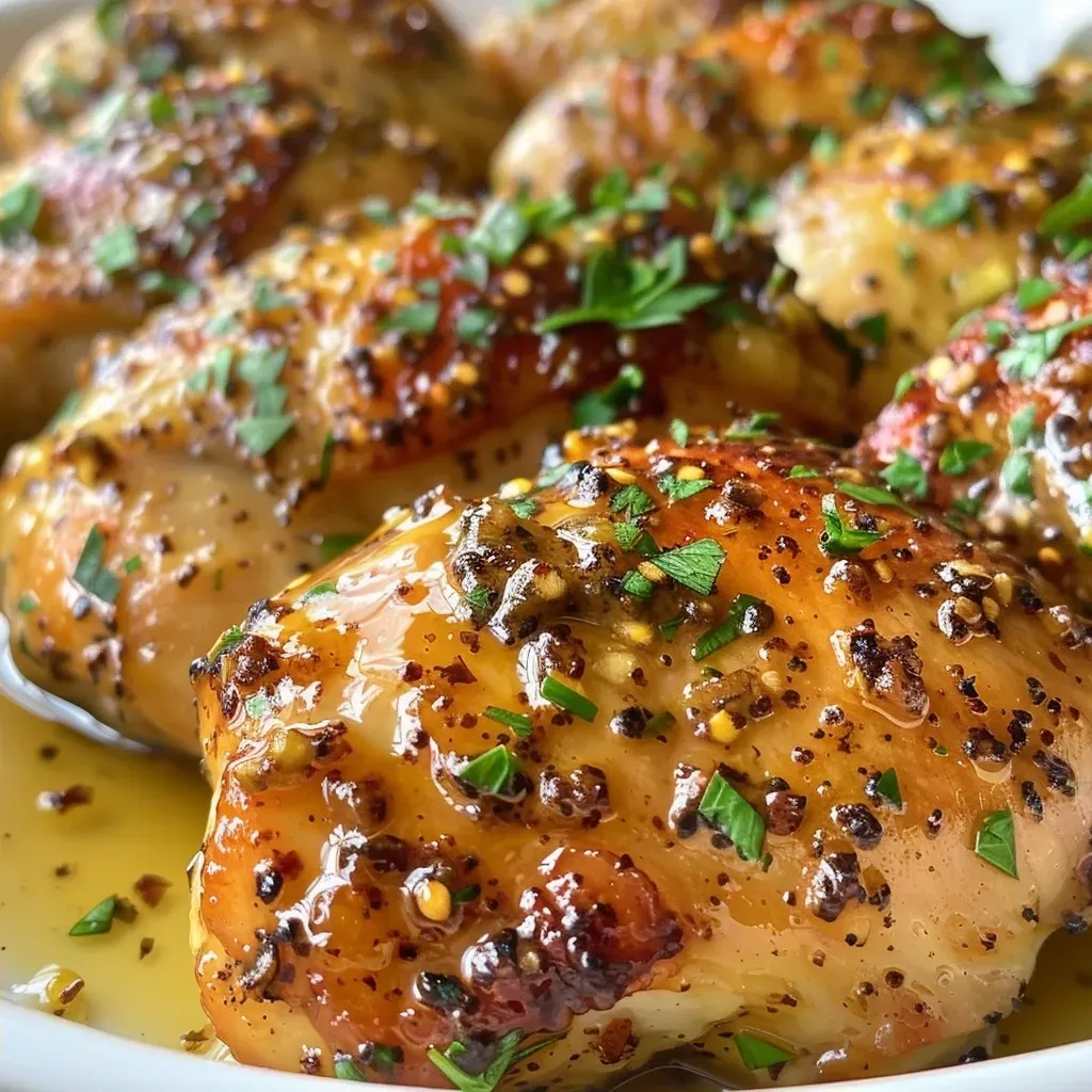 ['Close-up view of juicy Air Fryer Honey Dijon Chicken Breasts on a plate.', 'Side view of cooked chicken breasts glazed with honey Dijon sauce.', 'Tender chicken breasts drizzled with honey Dijon dressing and herbs.', 'Sliced Air Fryer chicken breasts showing a golden glaze and juicy texture.']