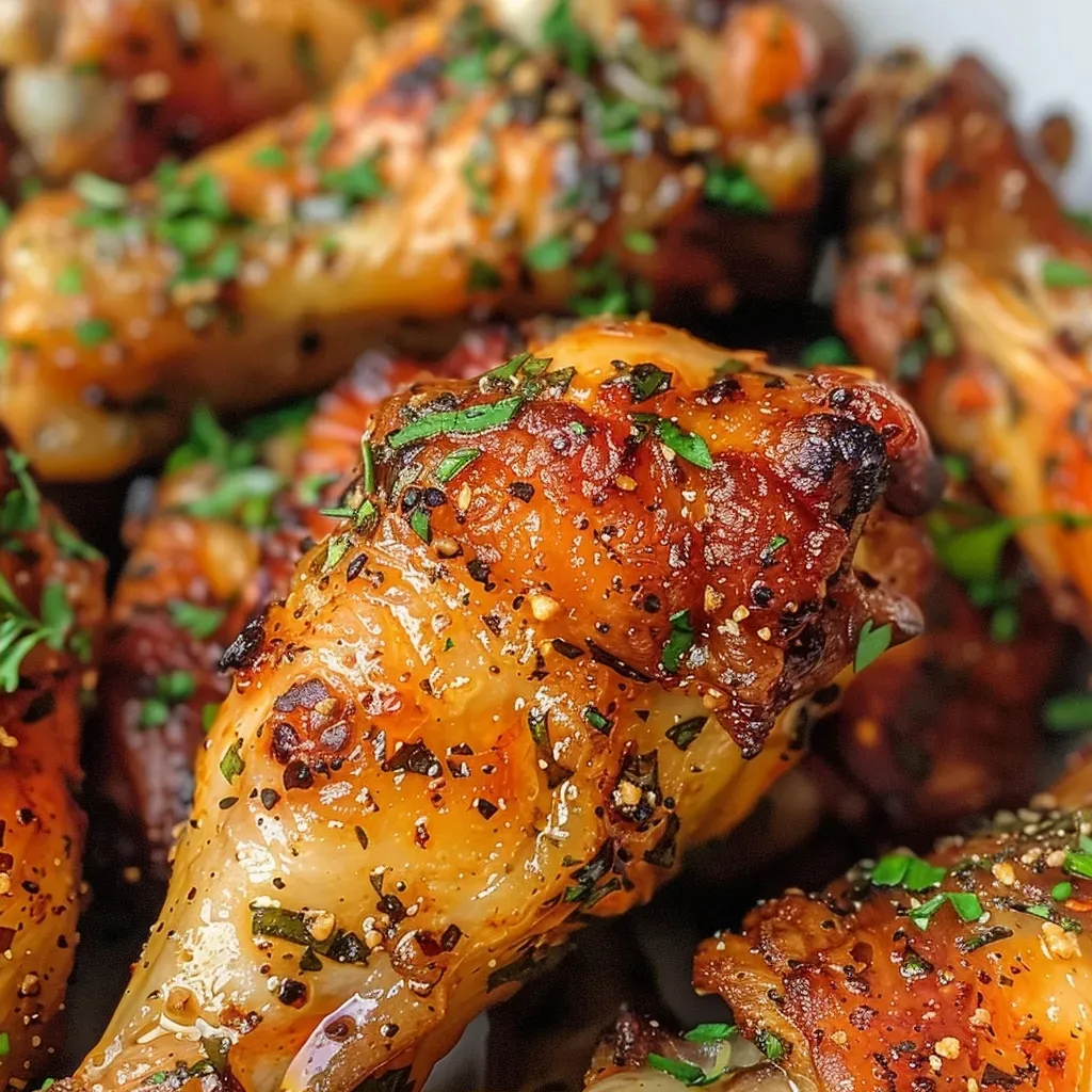 ['Close-up of crispy Air Fryer Ranch Wings with a golden-brown exterior.', 'Side view of juicy chicken wings coated in ranch seasoning, freshly cooked in an air fryer.', 'Appetizing image of Air Fryer Ranch Wings garnished with herbs, showcasing their texture.', 'Deliciously cooked ranch-flavored chicken wings, highlighted in a close-up shot.']