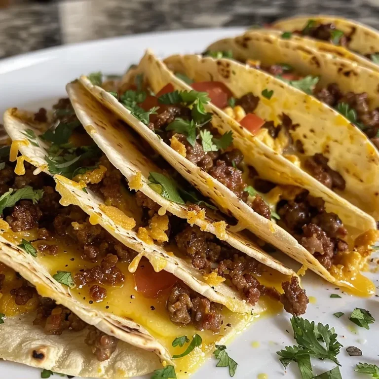 ['A close-up view of baked breakfast tacos filled with chorizo and cheese.', 'Side view of juicy baked breakfast tacos garnished with fresh ingredients.', 'Tacos displayed with melted cheese and egg filling, capturing their delicious texture.', 'A vibrant image of baked breakfast tacos, showcasing layers of ingredients.']