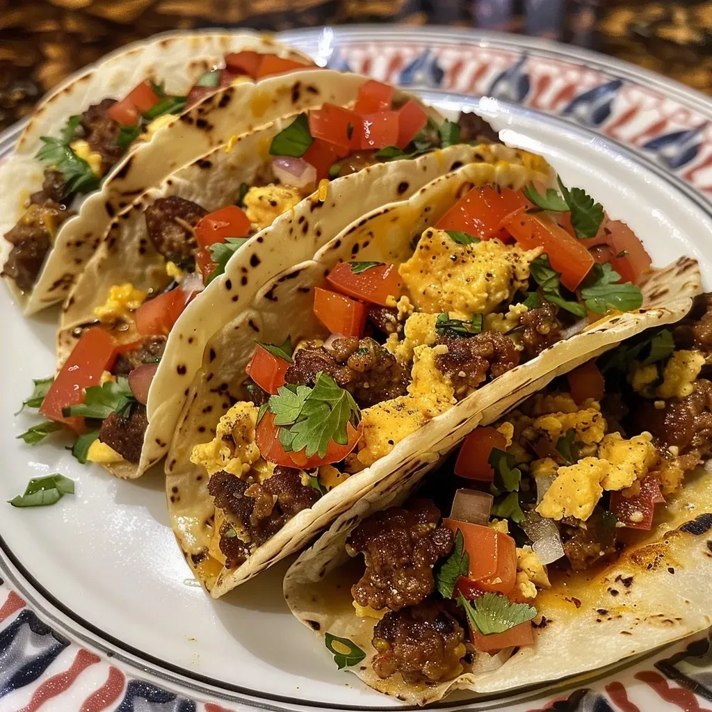 ['A close-up view of baked breakfast tacos filled with chorizo and cheese.', 'Side view of juicy baked breakfast tacos garnished with fresh ingredients.', 'Tacos displayed with melted cheese and egg filling, capturing their delicious texture.', 'A vibrant image of baked breakfast tacos, showcasing layers of ingredients.']