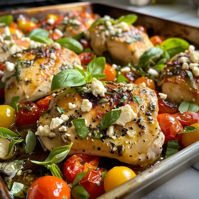 ['Juicy baked chicken thighs with cherry tomatoes and feta on a sheet pan.', 'Colorful sheet pan dinner featuring chicken, feta cheese, and fresh vegetables.', 'Close-up view of a baked chicken feta dish with cooked tomatoes and herbs.', 'Succulent chicken and vibrant vegetables arranged on a baking sheet.']