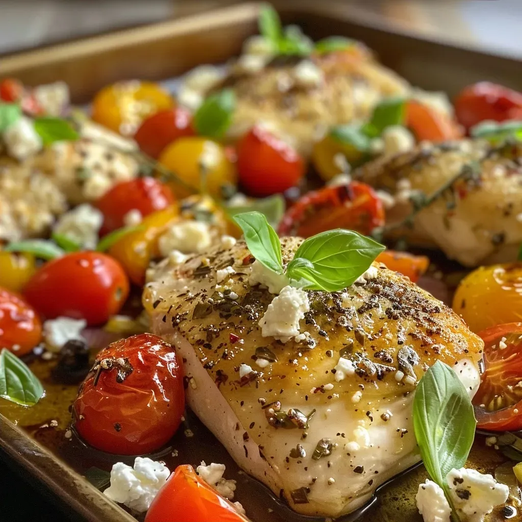 ['Juicy baked chicken thighs with cherry tomatoes and feta on a sheet pan.', 'Colorful sheet pan dinner featuring chicken, feta cheese, and fresh vegetables.', 'Close-up view of a baked chicken feta dish with cooked tomatoes and herbs.', 'Succulent chicken and vibrant vegetables arranged on a baking sheet.']