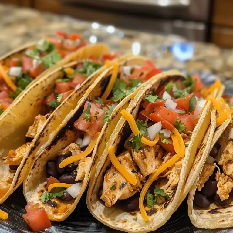 ['Close-up view of baked chicken tacos topped with cheese and yogurt.', 'Side view of juicy baked chicken tacos on a plate with colorful toppings.', 'Baked chicken tacos displayed with vibrant ingredients, ready to enjoy.', 'Delicious baked chicken tacos with a golden crust and fresh toppings.']