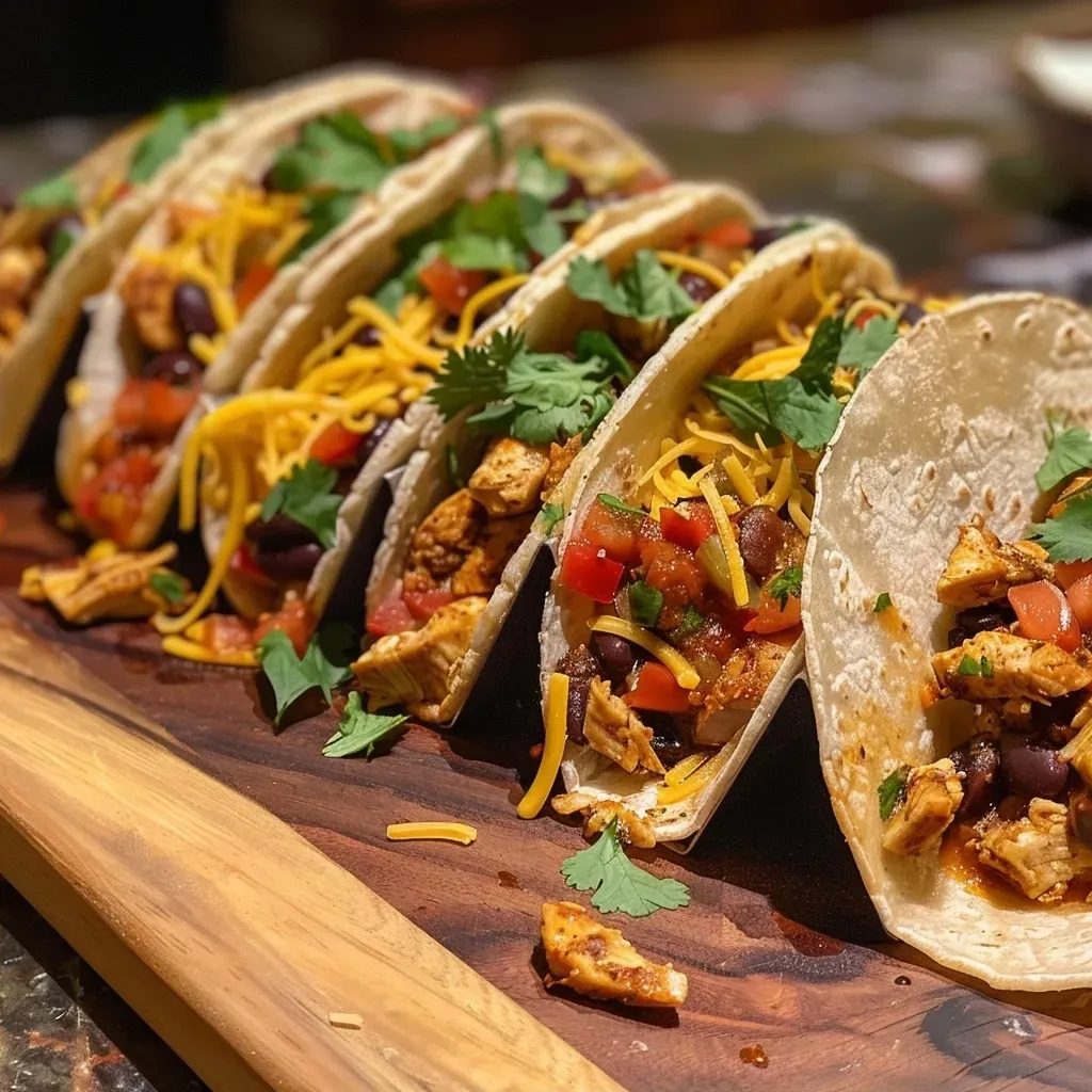 Close-up view of baked chicken tacos topped with cheese and yogurt.