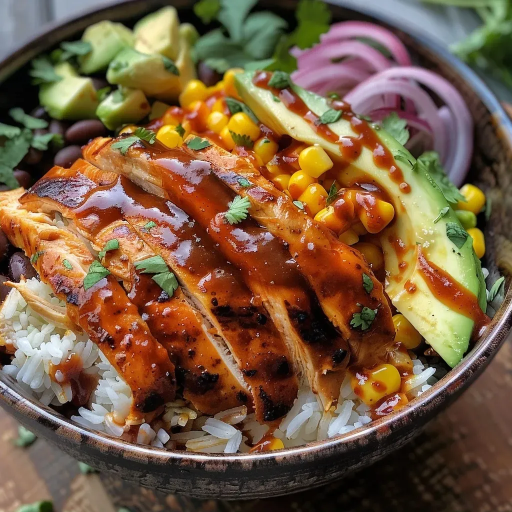 ['Close-up photo of BBQ chicken rice bowl topped with avocado, corn, and cilantro.', 'Side view of a juicy BBQ chicken rice bowl with vibrant toppings on a wooden surface.', 'Detailed image of a hearty BBQ chicken rice bowl garnished with cilantro and red onion.', 'Colorful BBQ chicken rice bowl showcasing layers of rice, chicken, and fresh ingredients.']