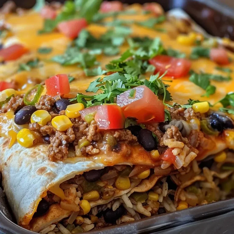 ['Close-up view of a beef burrito casserole with melted cheese and tortilla layers.', 'Side view of a delicious beef burrito casserole topped with green onions and cheese.', 'Juicy beef burrito casserole in a baking dish, showcasing layers of tortillas and beef.', 'Appetizing beef burrito casserole with a crispy top and fresh garnishes.']