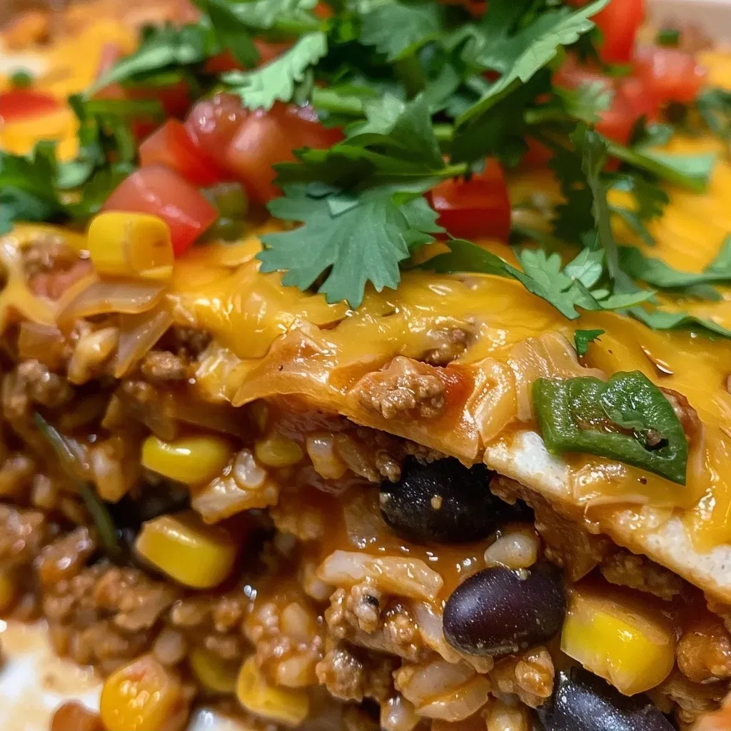 ['Close-up view of a Beef Burrito Casserole with melted cheese and fresh cilantro on top.', 'Side view of a hearty Beef Burrito Casserole, showcasing layers of tortillas and ground beef.', 'Juicy Beef Burrito Casserole filled with cheese and topped with chopped cilantro and lime.', 'Colorful presentation of Beef Burrito Casserole with layers of meat, beans, and melted cheese.']