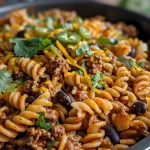 ['A close-up side view of a Beef Enchilada Pasta One-Pan Meal in a vibrant bowl.', 'Juicy Beef Enchilada Pasta served in a skillet with melted cheese on top.', 'A colorful dish of Beef Enchilada Pasta, showcasing pasta, beef, and cheese.', 'A visually appealing One-Pan Beef Enchilada Pasta dish, garnished with cilantro.']
