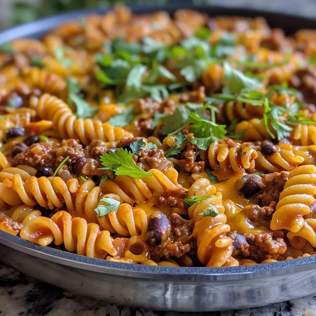 ['Close-up view of Beef Enchilada Pasta in a bowl, showcasing the layered ingredients.', 'Side view of a hearty Beef Enchilada Pasta dish, featuring melted cheese and colorful toppings.', 'Delicious Beef Enchilada Pasta with ground beef, cheese, and vegetables, presented in a plate.', 'Detailed image of Beef Enchilada Pasta, highlighting the cavatappi pasta and enchilada sauce.']