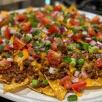 ['Close-up of a plate of beef nachos topped with melted cheese and diced tomatoes.', 'Side view of a colorful nacho dish featuring ground beef and fresh green onions.', 'Juicy beef nachos with a variety of toppings, showcasing crispy tortilla chips.', 'A vibrant serving of beef nachos with cheese, tomatoes, and green onions.']
