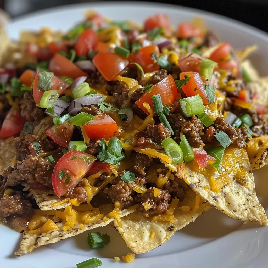 ['Close-up view of a plate of beef nachos topped with melted cheese and fresh toppings.', 'Juicy beef nachos served on a plate, showcasing layers of cheese and toppings.', 'Side view of a delicious beef nachos dish with vibrant toppings and crispy tortilla chips.', 'Gourmet beef nachos featuring melted cheese and fresh garnishes, captured in detail.']