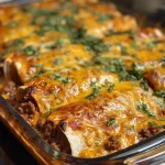 ['Juicy beef enchiladas layered with cottage cheese and topped with melted cheese.', 'Close-up view of beefy cottage cheese enchiladas drizzled with red sauce.', 'Side view of a plate of enchiladas filled with ground beef and cottage cheese.', 'Appetizing beef enchiladas garnished with cheese and enchilada sauce.']