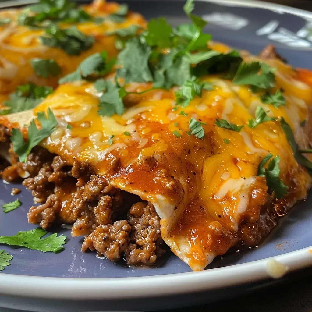 ['Juicy beef enchiladas layered with cottage cheese and topped with melted cheese.', 'Close-up view of beefy cottage cheese enchiladas drizzled with red sauce.', 'Side view of a plate of enchiladas filled with ground beef and cottage cheese.', 'Appetizing beef enchiladas garnished with cheese and enchilada sauce.']