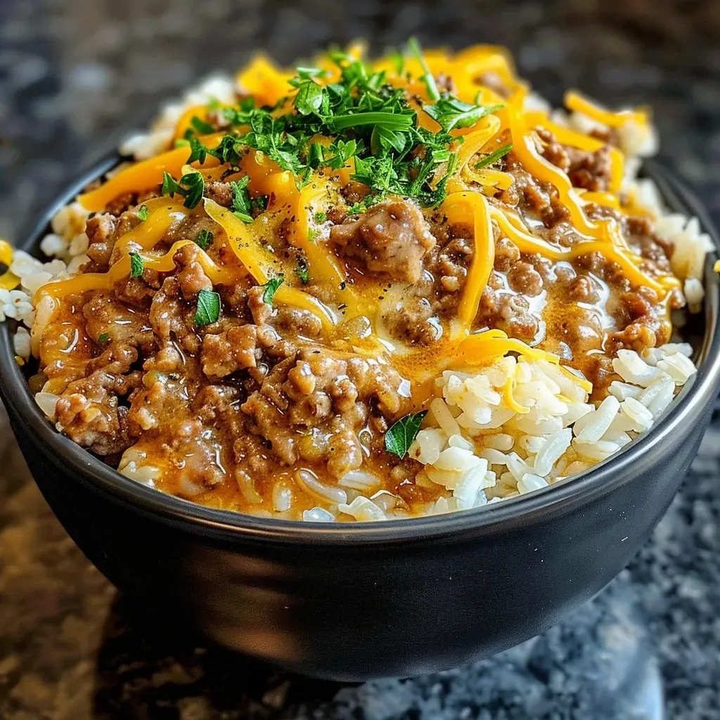 ['A close-up view of a Beefy Garlic Butter Bowl showcasing juicy ground beef, melted cheeses, and garnished with fresh parsley.', 'A side view of a hearty Beefy Garlic Butter Bowl with glistening garlic butter and creamy textures.', 'An appetizing Beefy Garlic Butter Bowl filled with ground beef, rice, and a rich sauce, highlighted by herbs.', 'A detailed close-up of a Beefy Garlic Butter Bowl, emphasizing layers of cheese, beef, and aromatic garlic.']